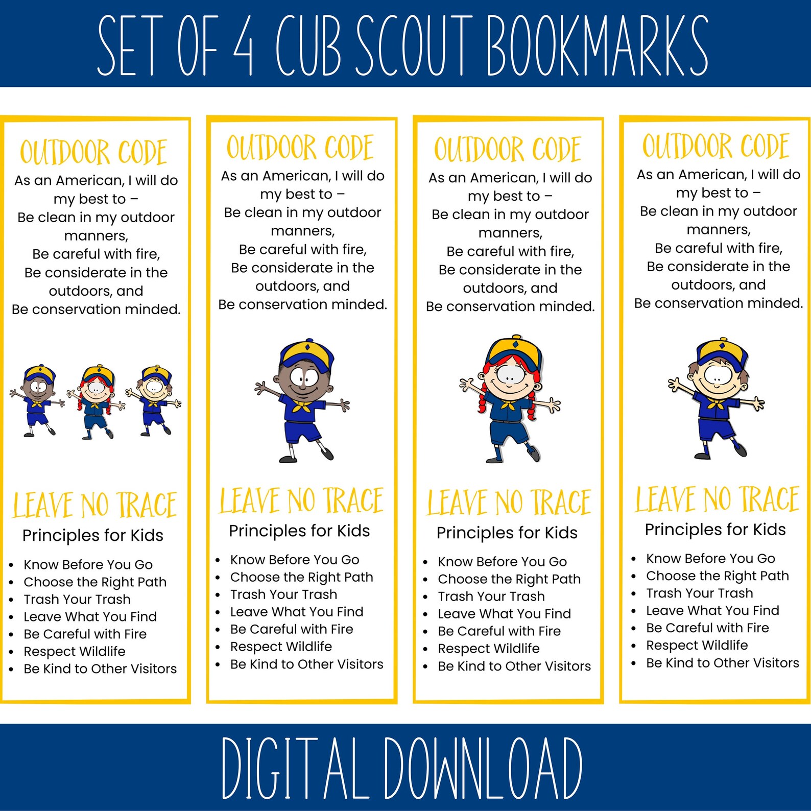 Cub Scout Bookmarks With Outdoor Code & LNT Principles for Etsy