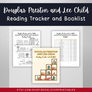 May include: Three printable reading trackers and booklists are displayed. The top text reads "Douglas Preston and Lee Child Reading Tracker and Booklist." The trackers include a bookshelf design and a checklist. The bottom text reads "ETSY.COM/SHOP/BOOKLOVERPRINTABLES."