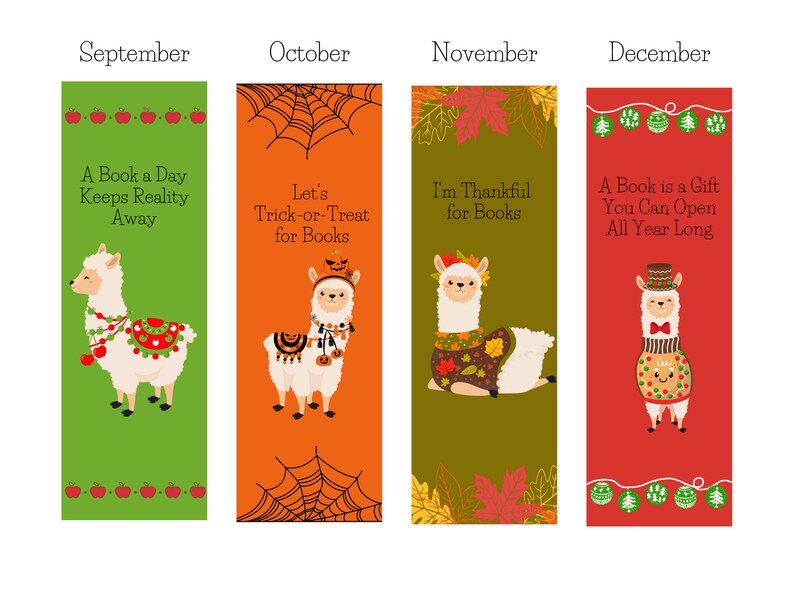 Monthly Llama Bookmarks With Reading Quotes Set of 12 Digital Download
