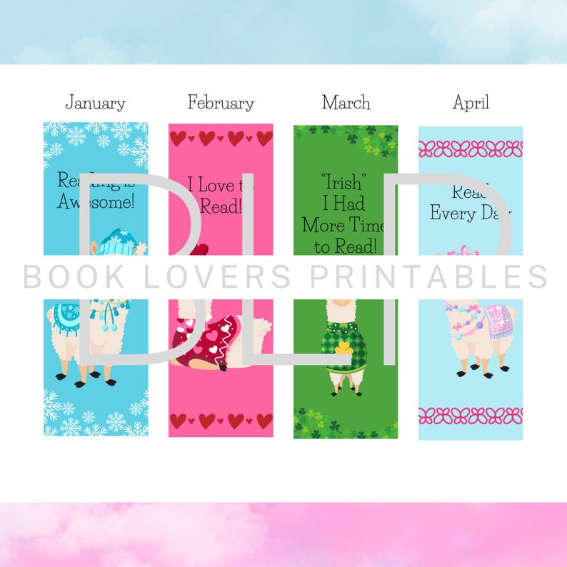 Monthly Llama Bookmarks Printable Set of 12 - Reading Quote Bookmarks ...