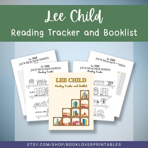 Puede incluir: Conjunto de hojas imprimibles para el seguimiento de la lectura y listas de libros, con el texto "Lee Child Reading Tracker and Booklist". El diseño incluye ilustraciones de estanterías y el texto "Jack Reacher Series".