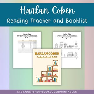 Pode incluir: Vários rastreadores de leitura e listas de livros imprimíveis de Harlan Coben. A imagem mostra três designs diferentes, incluindo um rastreador de leitura e uma estante com livros e maçãs. Banner superior turquesa com texto branco.