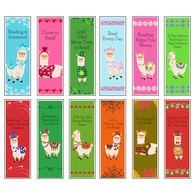 Monthly Llama Bookmarks With Reading Quotes Set of 12 Digital Download