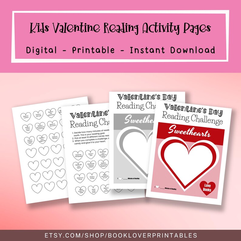 valentines day reading activities printable, kids reading challenge pages, holiday themed literacy worksheets, classroom fun learning resource, digital printable activities, reading motivation for students, school valentines printable, instant file