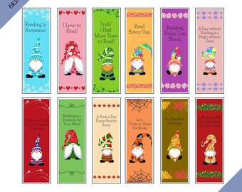 Set of 12 Monthly Gnome Reading Quotes Bookmark Set - Cute Gnome Reading Bookmark Bundle - All Year Bookmark Collection - Gift for Readers