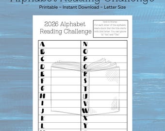 Planificador imprimible del reto de lectura del alfabeto 2026 - Registro de libros de la A a la Z - Planificador de lectura - Página del diario del lector - Descarga instantánea