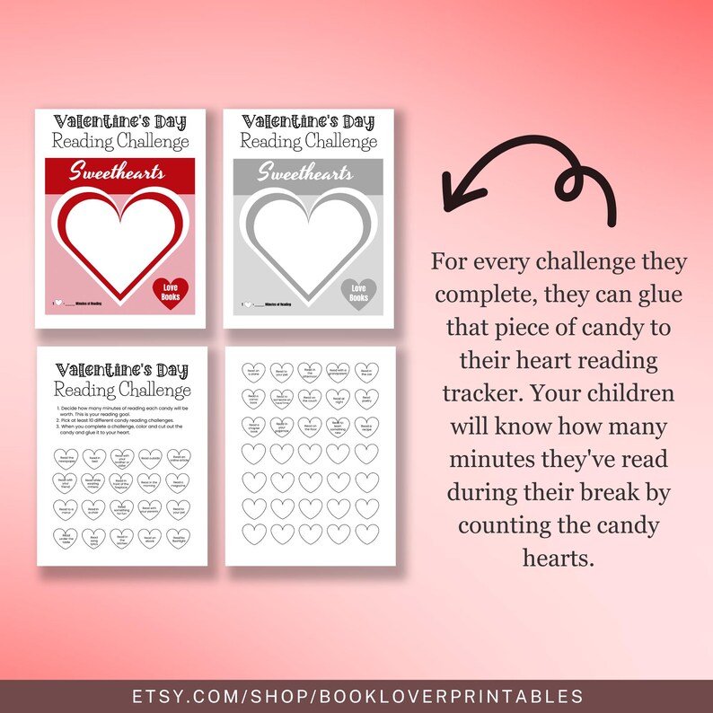 valentines reading challenge classroom printable, kids literacy activity pages, holiday reading worksheets, fun learning activities for school, digital reading printable, valentines day education resource, instant download file