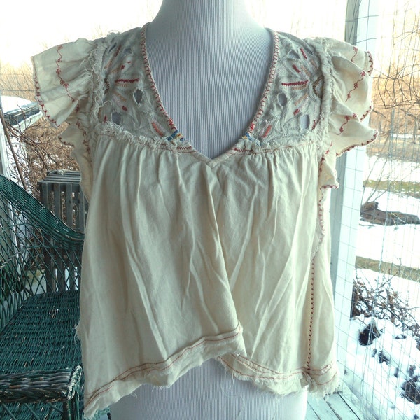 Free People crop boho extreme raw edge openwork and colored embroidered sand beige 6 panel construction baby doll  top S