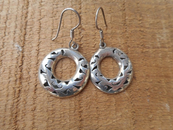 Sterling silver cutwork round dangle earrings Mex… - image 2