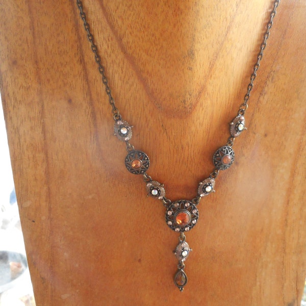 Nina Ricci romantic multi rhinestone and antique copper finish vintage drop pendant necklace, maybe for Avon.