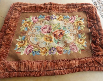 Antique Victorian needlepoint wool floral tapestry cross stitch pillow cover with ruched gathered thick red brown velvet border.