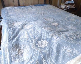 Antique point de gaze and application lace counterpane bedspread with intricate floral medallions  from wealthy traveled estate.