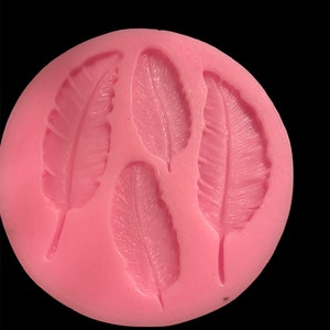 May include: Pink silicone mold with four feather shapes. The mold is designed for making decorative items like cake toppers or soap.