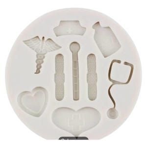 May include: White silicone mold with various medical themed shapes, including a stethoscope, a bandage, a heart, a nurse's hat, a bottle, and a caduceus.