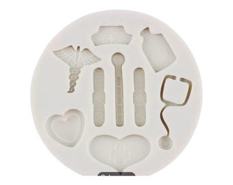 May include: White silicone mold with various medical themed shapes, including a stethoscope, a bandage, a heart, a nurse's hat, a bottle, and a caduceus.
