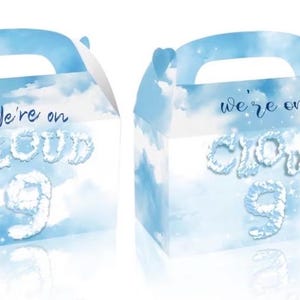 Puede incluir: Dos cajas de regalo azul claro con asas, con un diseño de nubes y cielo. Las cajas tienen la frase "We're on Cloud 9" en una fuente caprichosa. Ideales para recuerdos de fiesta o pequeños regalos.