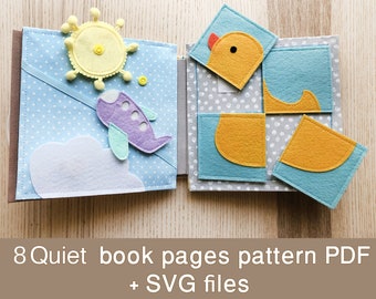 May include: Open quiet book with felt airplane, cloud, and sun on a blue polka dot background. The opposite page has a duck puzzle. The text "8 Quiet book pages pattern PDF + SVG files" is at the bottom.