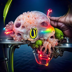 May include: A bizarre image featuring a skull-shaped object with a rainbow gradient and a yellow and blue emblem. It's decorated with green orbs and lit with red and rainbow lights, giving it a futuristic, otherworldly appearance.