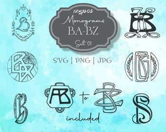 Monograms BA-BZ Set 01 Illustration Clipart - Vintage Commercial Use Journal Scrapbook SVG png Line Art Digital Download Alphabet Initials