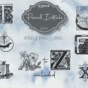 Florale Initialen Set 01 Illustration Clipart - Vintage Kommerzielle Nutzung Journal Scrapbooking SVG PNG Line Art Digital Download Alphabet Buchstaben