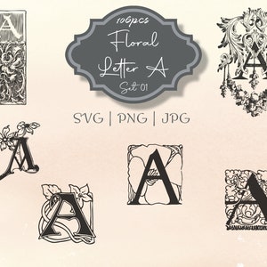 Letra floral A Iniciales Set 01 Ilustración Clipart - Uso comercial vintage Diario Scrapbook SVG PNG Línea Arte Descarga digital Alfabeto