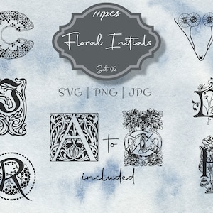 Conjunto de iniciales florales 02 Ilustración Clipart - Vintage Uso comercial Diario Scrapbooking SVG PNG Line Art Digital Descargar letras del alfabeto
