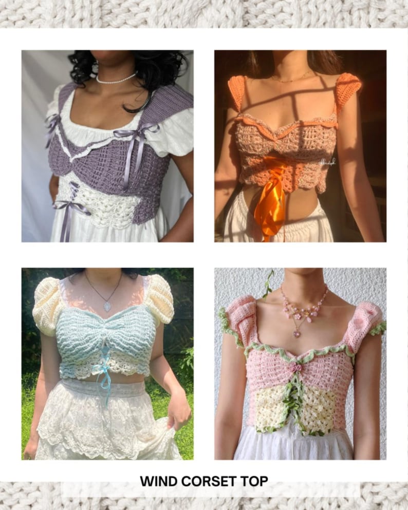 Puede incluir: Se muestran cuatro tops de cors&eacute; de ganchillo de diferentes colores. Los tops incluyen un top morado y blanco con lazos de cinta, un top naranja con una cinta de sat&eacute;n, un top azul y blanco y un top rosa y amarillo. El texto "WIND CORSET TOP" est&aacute; en la parte inferior.