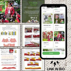 Puede incluir: Una vista previa de un patr&oacute;n de crochet con instrucciones y diagramas detallados. La imagen incluye un tel&eacute;fono inteligente que muestra una tienda de Etsy, una nota de agradecimiento y una foto de una mujer con una rebeca roja. El texto incluye "Sample Pattern Preview" y "Link in Bio."