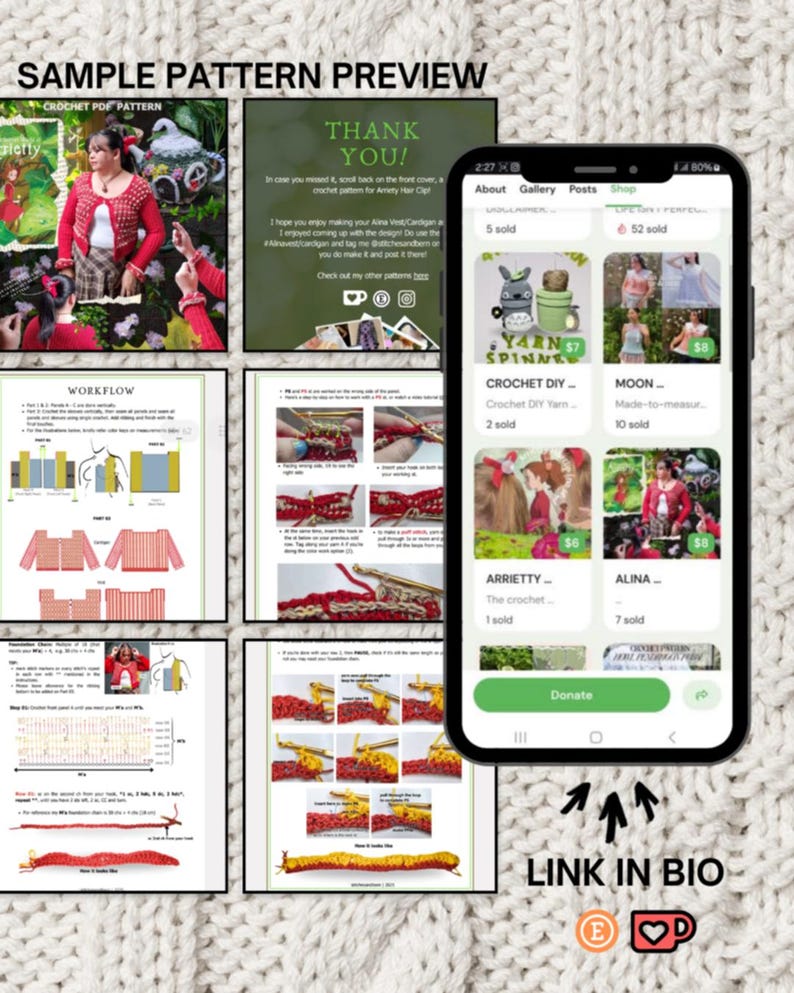 Puede incluir: Una vista previa de un patr&oacute;n de crochet con instrucciones y diagramas detallados. La imagen incluye un tel&eacute;fono inteligente que muestra una tienda de Etsy, una nota de agradecimiento y una foto de una mujer con una rebeca roja. El texto incluye "Sample Pattern Preview" y "Link in Bio."
