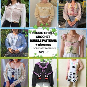 Puede incluir: Un collage de prendas de vestir de ganchillo, incluyendo tops y un vestido, en varios colores y estilos. La imagen incluye el texto "STUDIO GHIBLI CROCHET BUNDLE PATTERNS + giveaway" y "90% off".