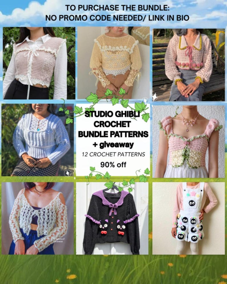 Puede incluir: Un collage de prendas de vestir de ganchillo, incluyendo tops y un vestido, en varios colores y estilos. La imagen incluye el texto "STUDIO GHIBLI CROCHET BUNDLE PATTERNS + giveaway" y "90% off".