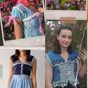 Puede incluir: Un collage que presenta tres tops de ganchillo hechos a mano en tonos azules. Uno tiene mangas cortas con lazos rosas, otro es sin mangas con un corpi&ntilde;o azul oscuro, y el tercero tiene un ribete floral. El texto "LUISA TOP" es visible.