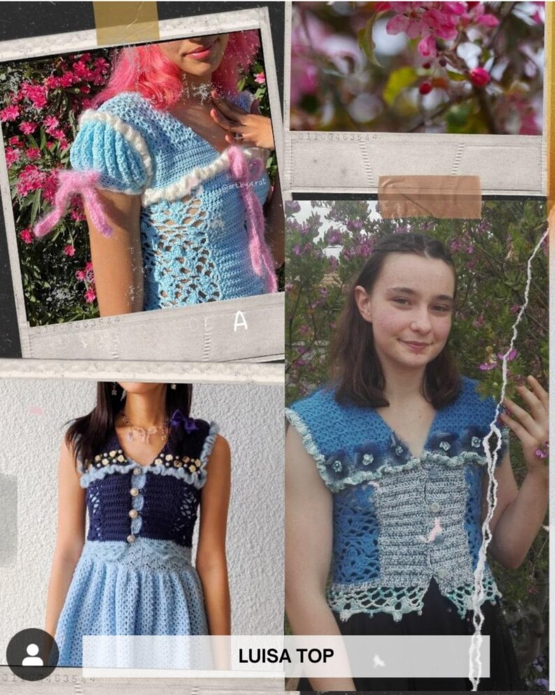Puede incluir: Un collage que presenta tres tops de ganchillo hechos a mano en tonos azules. Uno tiene mangas cortas con lazos rosas, otro es sin mangas con un corpi&ntilde;o azul oscuro, y el tercero tiene un ribete floral. El texto "LUISA TOP" es visible.