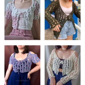 Puede incluir: Un collage de cuatro tops de ganchillo en varios colores. Los tops presentan dise&ntilde;os de hombros descubiertos y intrincados patrones de encaje. El texto "SAN GRUNGE TOP" se muestra en la parte inferior de la imagen.