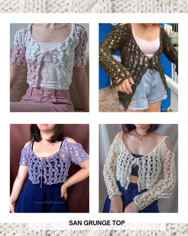 Puede incluir: Un collage de cuatro tops de ganchillo en varios colores. Los tops presentan dise&ntilde;os de hombros descubiertos y intrincados patrones de encaje. El texto "SAN GRUNGE TOP" se muestra en la parte inferior de la imagen.