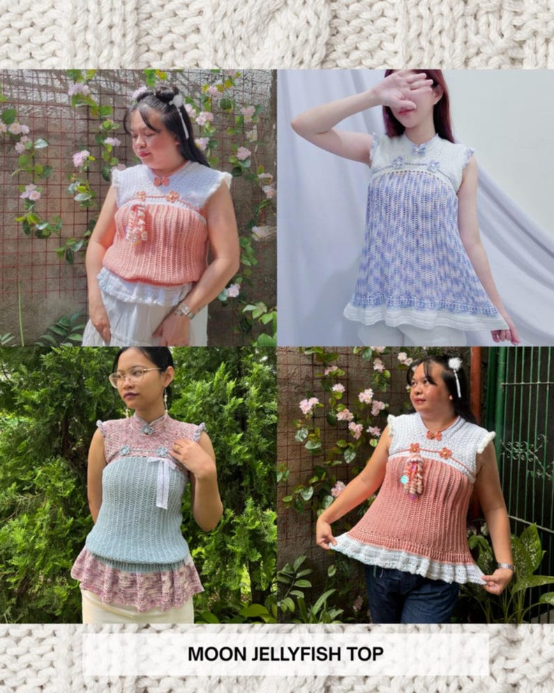Puede incluir: Colecci&oacute;n de tops de ganchillo hechos a mano en varios colores, incluyendo rosa, azul y blanco. Los tops sin mangas presentan detalles decorativos y un dobladillo con volantes. El texto "MOON JELLYFISH TOP" se muestra en la parte inferior.