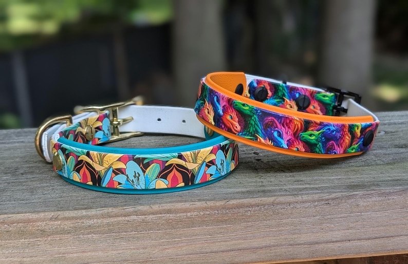 May include: Two decorative dog collars. One collar features a floral pattern with blue, yellow, and red flowers on a teal background. The other collar has a dragon pattern with orange trim. Both collars have gold and black hardware.