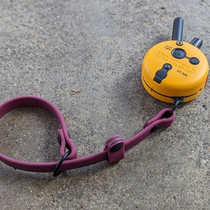 Op de afbeelding: Gele en zwarte hondentraining-halsband met een rode riem en de tekst "E-Collar Technologies Inc. Toll Free: 1-855-528-5548 ET-300".