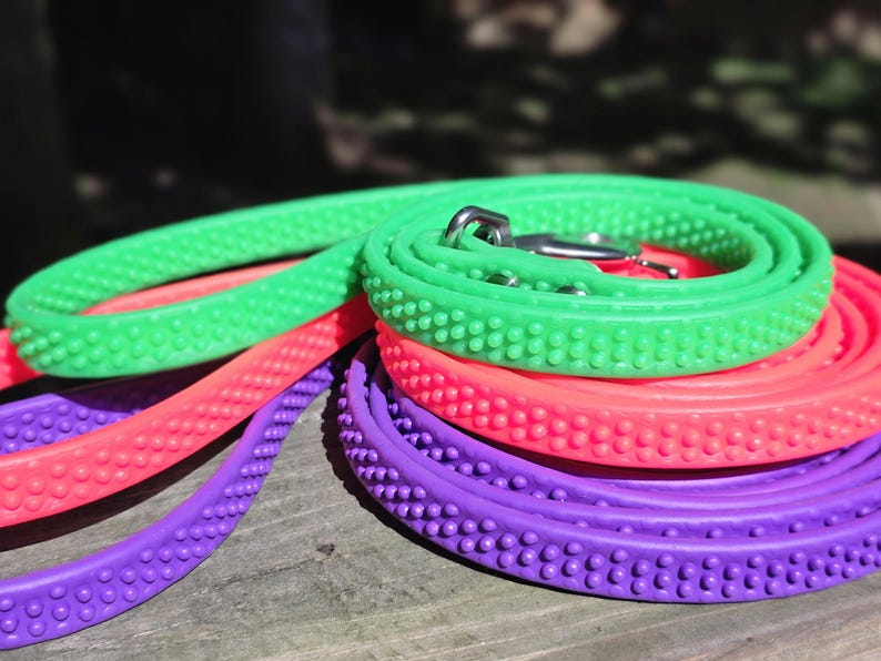 May include: A close-up of several colorful dog leashes. The leashes are in shades of green, pink, and purple. Each leash has a textured surface with small, rounded bumps. A silver metal clasp is visible on the green leash.