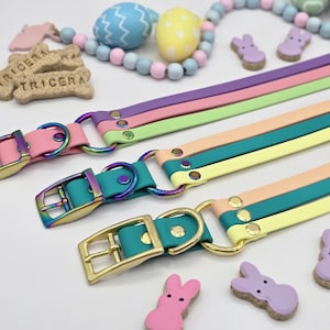 May include: Three pastel-coloured dog collars with iridescent buckles and D-rings. The collars are layered in pink, teal, and peach. Easter decorations, including egg-shaped beads and bunny biscuits, are arranged around the collars.