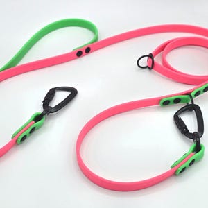 May include: Two pink and green dog leashes with black metal clips and black dots. The leashes are made of a soft, flexible material.