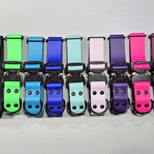 May include: A collection of colorful dog collars with black metal buckles and D-rings. The collars are in various shades, including black, green, blue, pink, purple, and burgundy. The collars are arranged in a row.