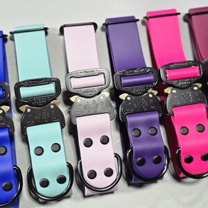 May include: A collection of colorful dog collars in various shades, including blue, teal, pink, purple, and burgundy. Each collar features a black metal buckle and a matching D-ring for leash attachment. The collars are made of a smooth, durable material.