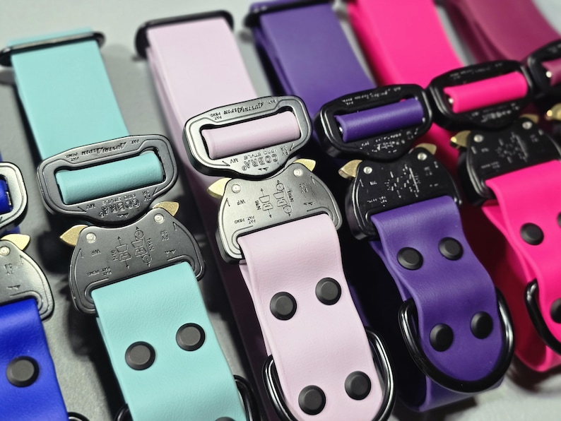 May include: A close-up of several dog collars in various colors, including blue, teal, lavender, purple, and pink. Each collar features a black metal buckle and matching hardware. The collars are made of a smooth, durable material.
