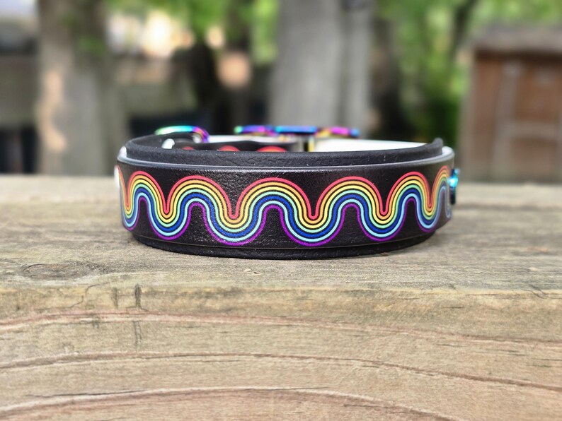 May include: A black dog collar with a rainbow wave pattern. The collar has a white interior and a metal buckle. The rainbow design features red, orange, yellow, green, blue, and purple colors. The collar is sitting on a wooden surface.
