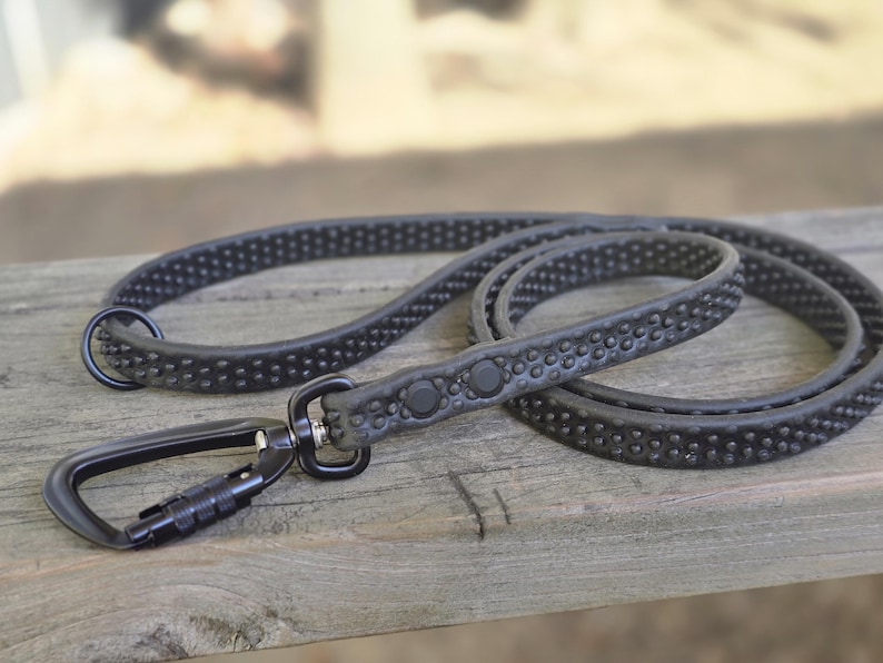 May include: Black dog leash with a textured, dotted pattern. The leash has a black carabiner clip and a matching handle with button details. The leash is coiled on a wooden surface.