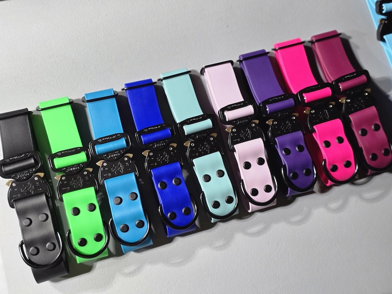 May include: A collection of colorful dog collars in various shades, including black, green, blue, pink, and purple. Each collar features a black metal buckle and matching hardware. The collars are arranged in a neat, organized row.