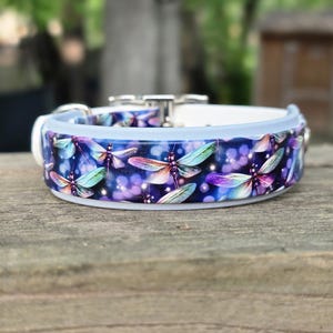 May include: A dog collar with a blue and white design. The collar features a pattern of colorful dragonflies on a dark blue background with white accents. The collar is made of a durable material and has a metal buckle.
