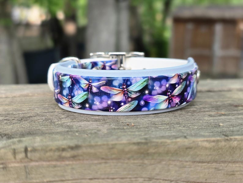 May include: A dog collar with a blue and white design. The collar features a pattern of colorful dragonflies on a dark blue background with white accents. The collar is made of a durable material and has a metal buckle.