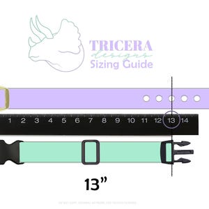 May include: A sizing guide image with a purple strap, a black ruler, and a mint green strap. The purple strap is measured at 13 inches. The text "TRICERA designs Sizing Guide" is at the top.